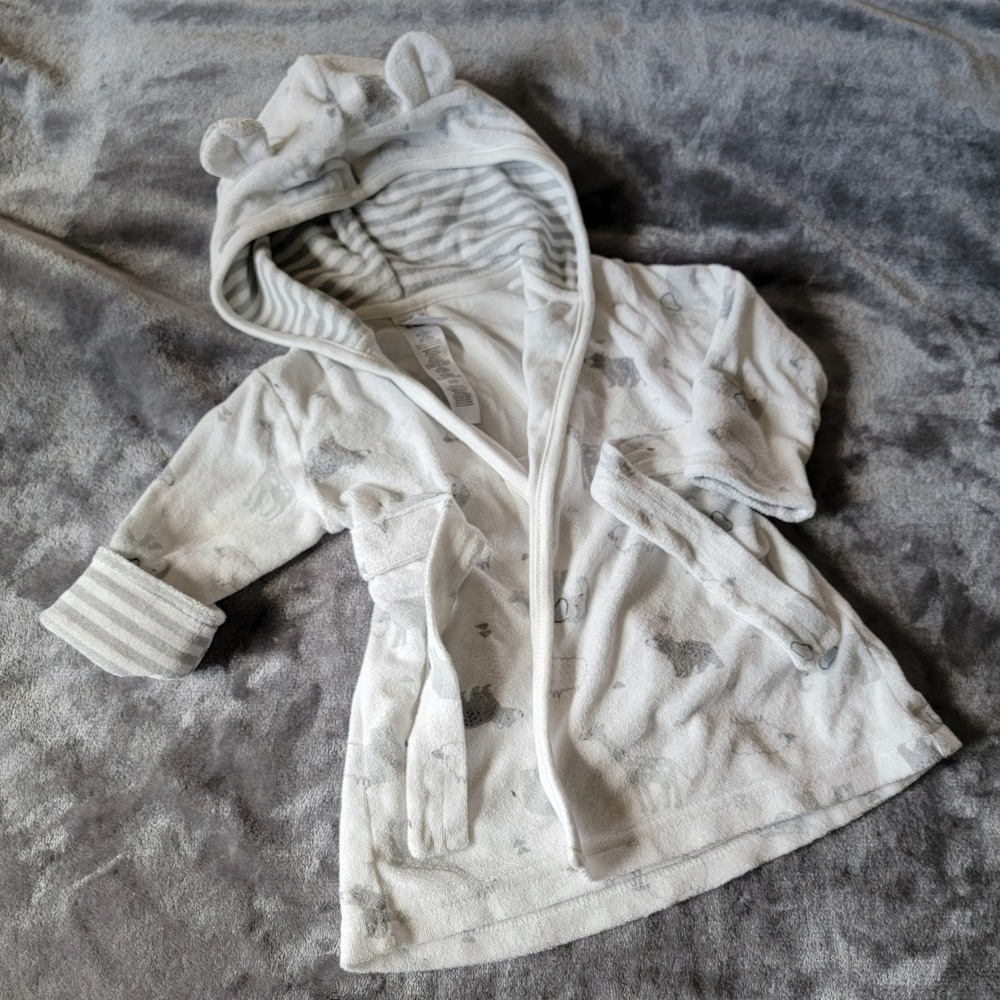 Just One You Bath Robe Kids 0-9M White Excellent Animal Print Hooded Ears 727